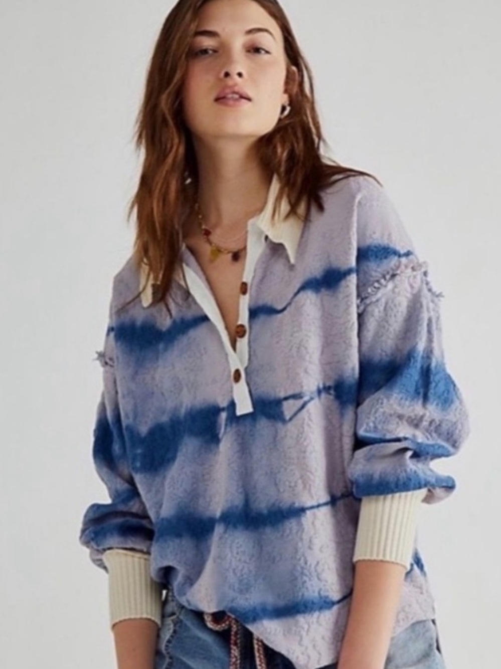 Free People Blue Tie-Dye Polo Knit with Cream Collar